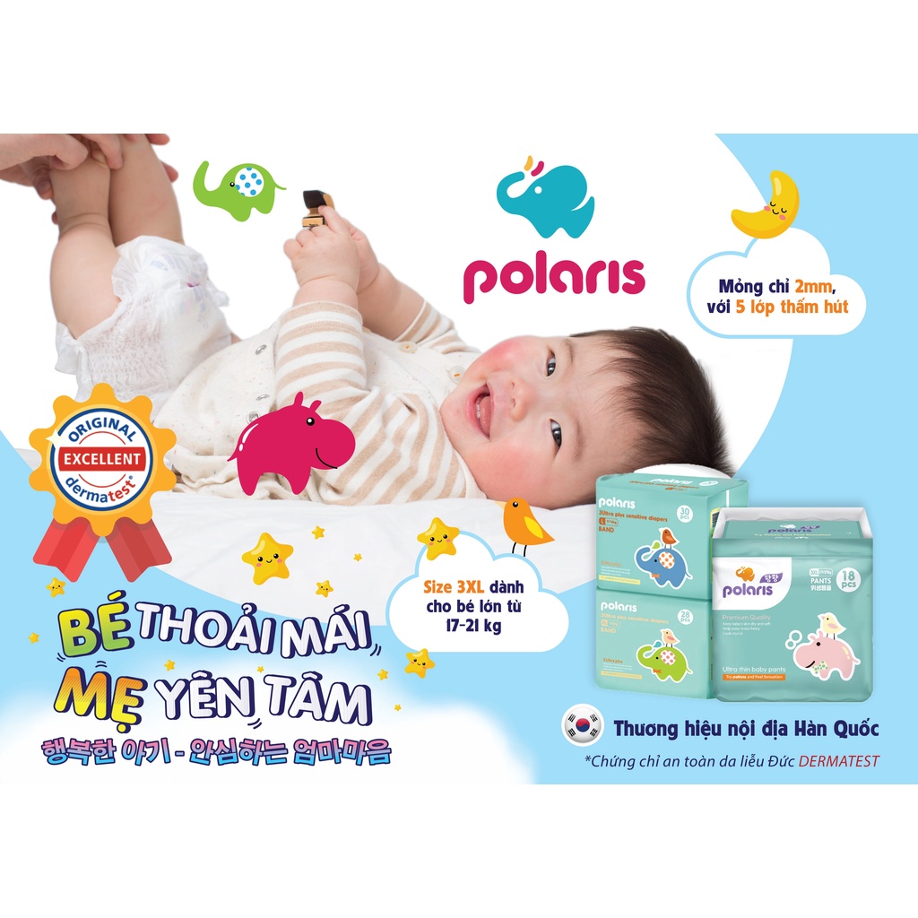 Gói nhỏ 2 miếng Bỉm đêm Polaris Nội địa Hàn Quốc đủ size dán/quần S34/ M32/ L24/ XL22/ XXL20