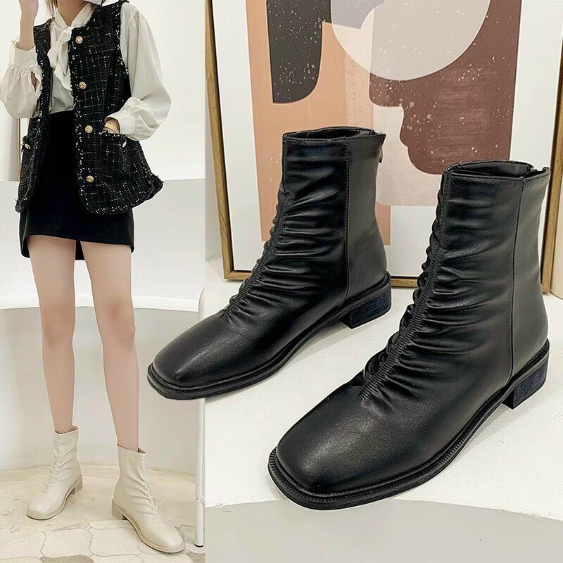 BEESHOES - BOOT NỮ MŨI TRÒN CỔ THẤP DA LÌ - GIÀY BỐT NỮ GÓT VUÔNG ĐẾ CAO 2 PHÂN SẴN MÀU ĐEN - KEM 201089