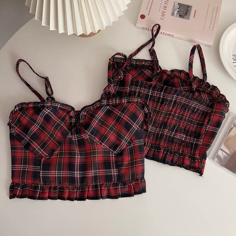 áo 2s 2 dây kẻ đỏ mix viền bèo ngực (ko có mút ngực)