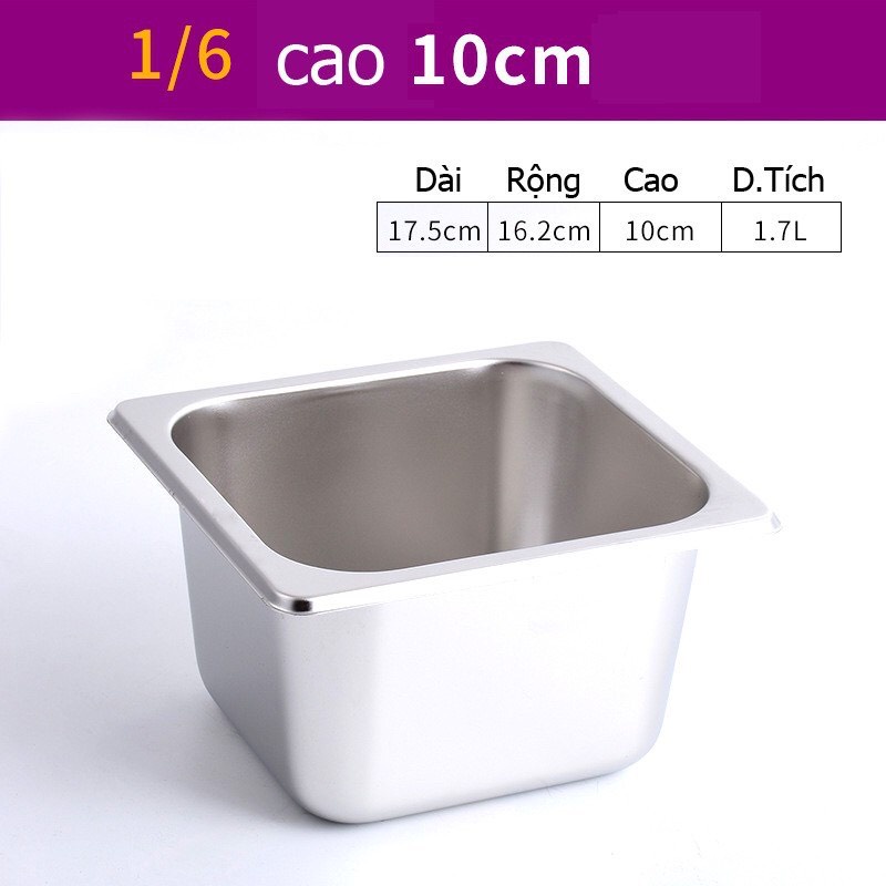 Khay inox GN 1/6, khay inox 304 đựng thực phẩm, thạch topping bán trà sữa size 1/6