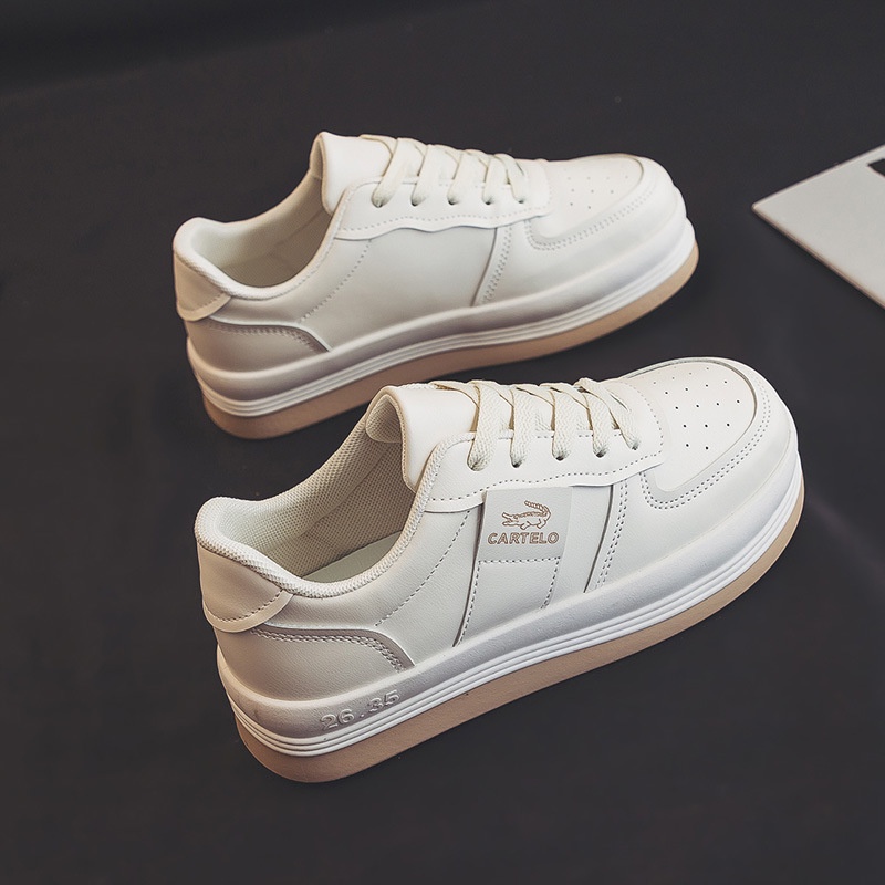 Giày thể thao IELGY bằng da sợi nhỏ đế dày cổ thấp màu trắng hợp thời trang cho nữ
