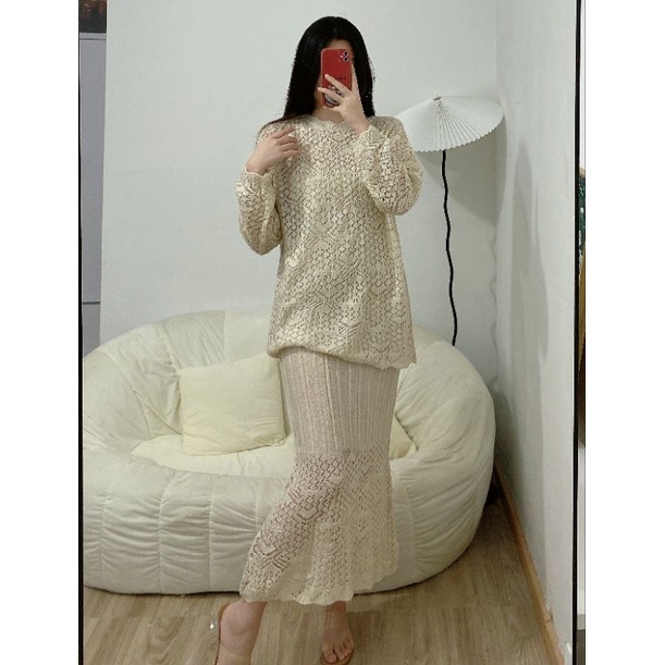 Set áo váy len màu be ZR