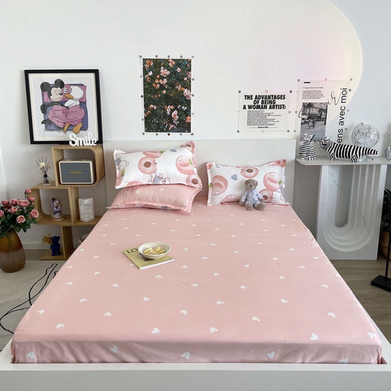 Bộ chăn ga gối Hàn quốc cotton poly - Mẫu đào hồng nhạt. Drap Giường Đủ Kích Thước Trải Nệm 1m, 1m2, 1m4, 1m6, 1m8, 2m2