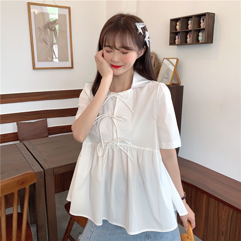 Áo babydol thắt nơ xinh đẹp, áo sơ mi nữ sinh ngắn tay V43 thời trang nữ emmei