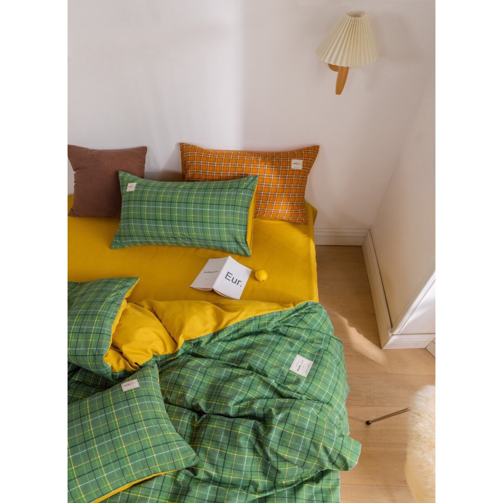 Set Chăn Ga Kẻ COTTON TC Mềm Mại Cực Sang Chảnh - Mẫu Kẻ  Xanh Ga Vàng