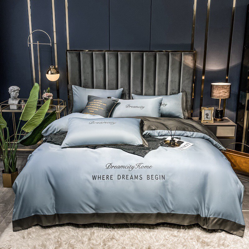 Set ga phi lụa 4 món dreamcity, bộ chăn ga gối phi lụa thêu 4 món IGUN DECOR