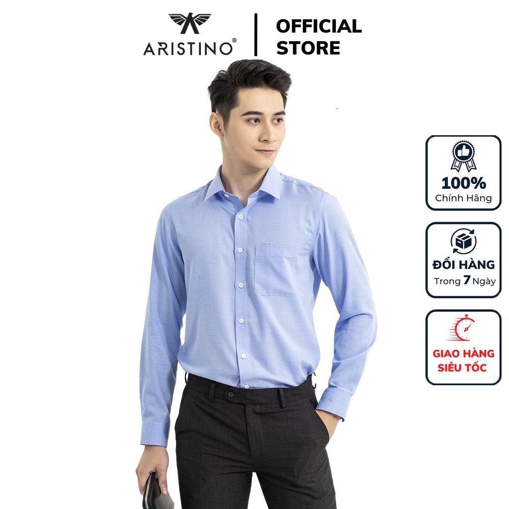 Áo sơ mi nam dài tay ARISTINO ALS25701 somi công sở chính hãng vải sợi tre cao cấp màu xanh caro tăm dáng suông có túi
