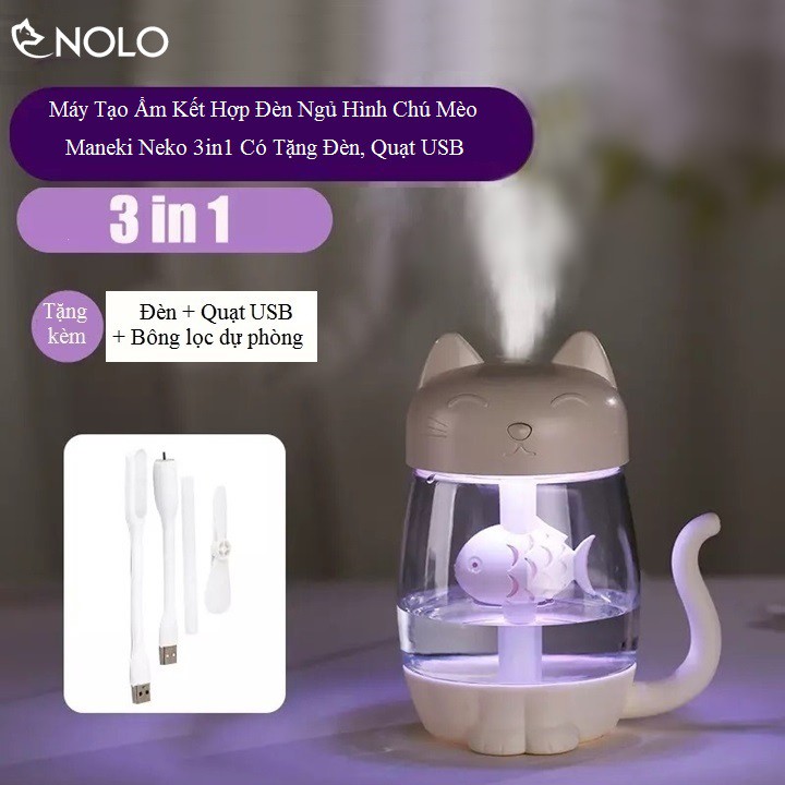 Máy Tạo Ẩm Hơi Nước Có Đèn Ngủ Hình Chú Mèo Maneki Neko 3in1 Có Tặng Đèn, Quạt USB