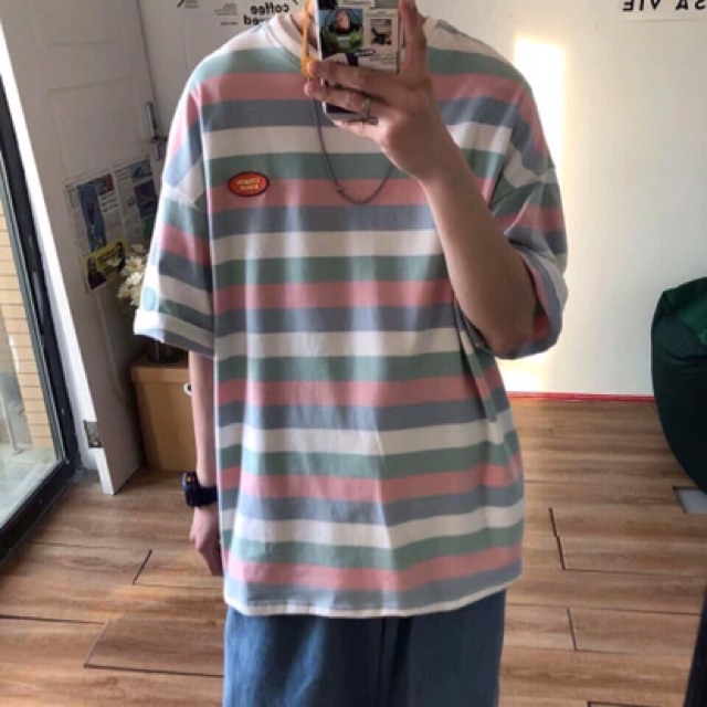 (Ảnh thật)❌ Áo thun unisex sọc ngang in hình màu pastel ❌