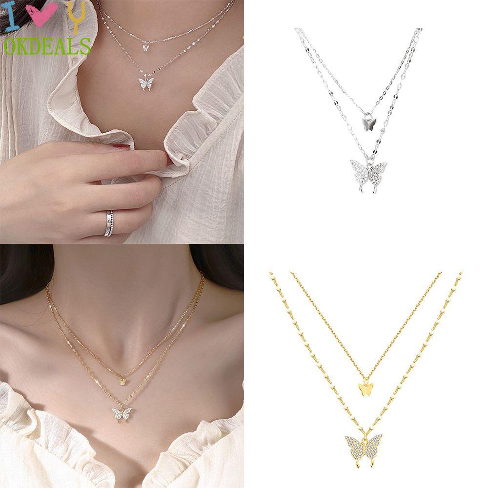 Vòng cổ hai lớp phối mặt hình bướm lấ lánh tinh tế thời trang dành cho nữ