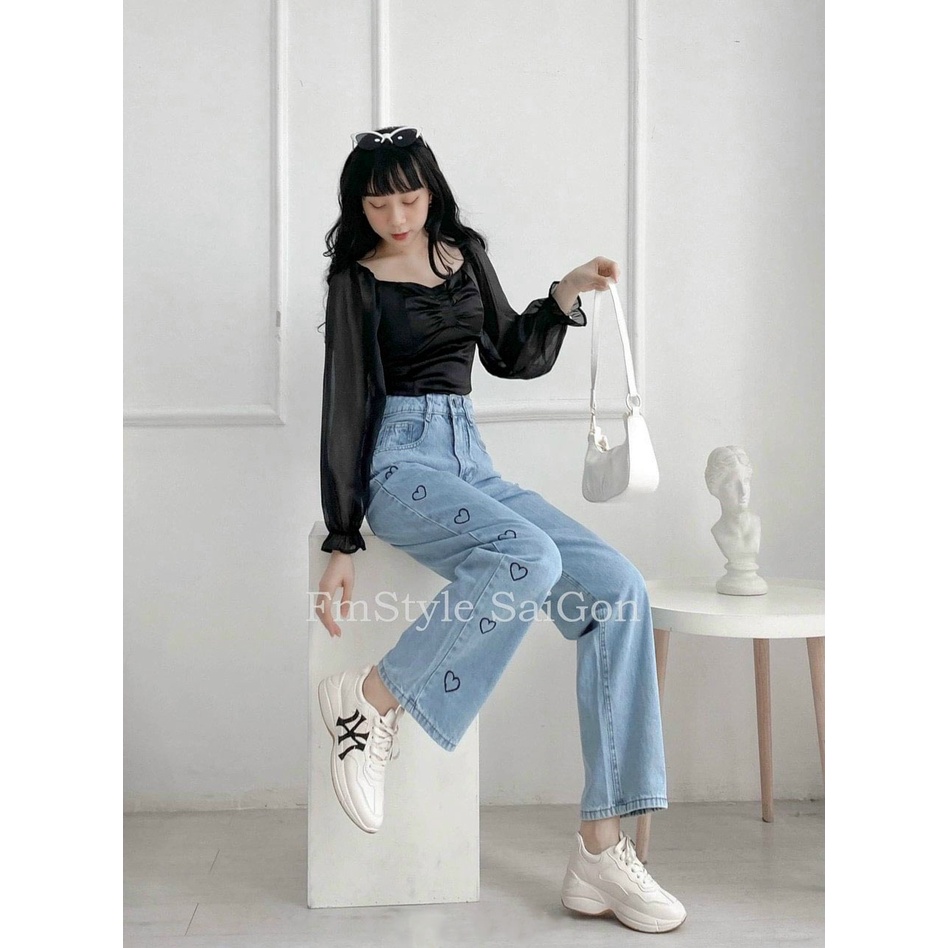Quần jean nữ baggy ống rộng thêu họa tiết cực đẹp AnNgo - AT161