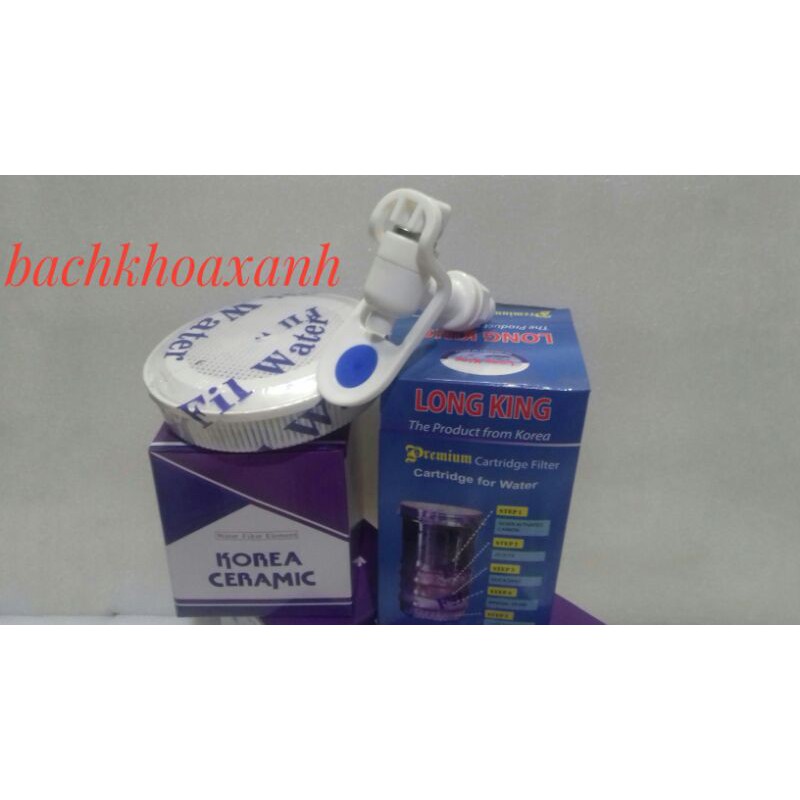 Linh kiện bình lọc nước 4 món - Gồm Trụ Lọc (Lõi Than 5 tầng) + Sứ Lọc (Nấm Sứ) + Đá Khoáng) + Vòi lọc nước cao cấp