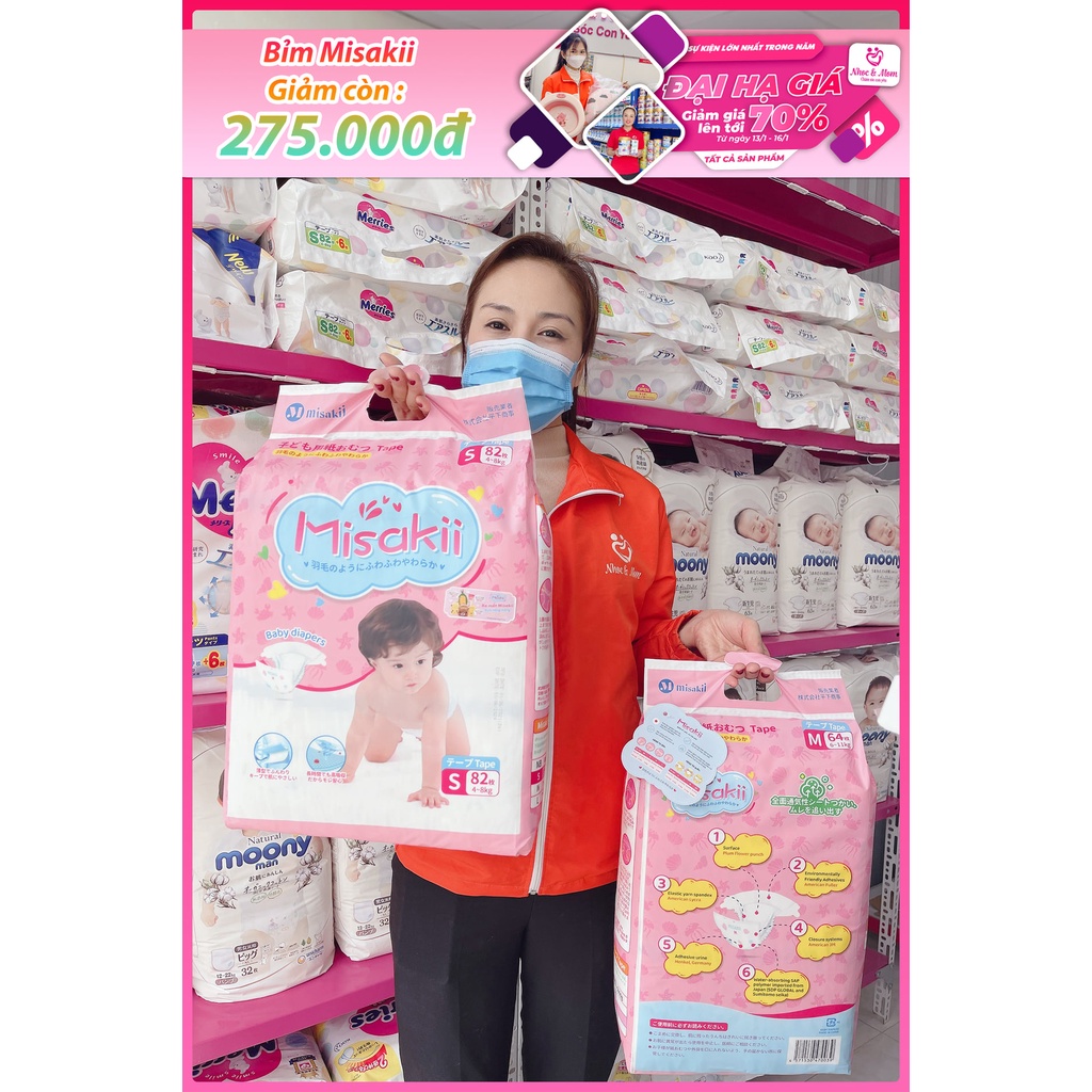 Bỉm Misakii   Nhật Bản - Bỉm Siêu Mỏng Thấm Hút Tôt - Size Dán Quần NB90/S82/M64/L54/M58/L44/XL38/XXL miếng