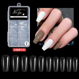 Hộp 100 Móng tay giả bằng acrylic trong suốt, móng úp nhiều form: hình thang, vuông, nhọn