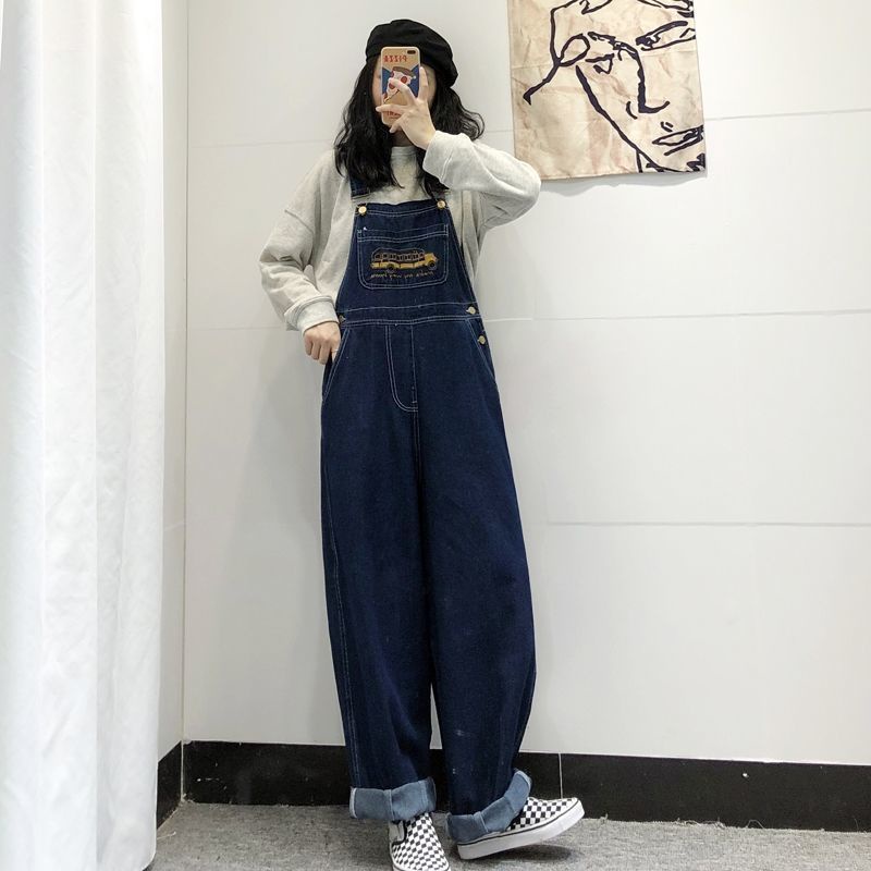 Quần Yếm Denim Ống Rộng Dáng Suông Thêu Họa Tiết Phong Cách Mới Hàn Quốc Cổ Điển Dành Cho Học Sinh