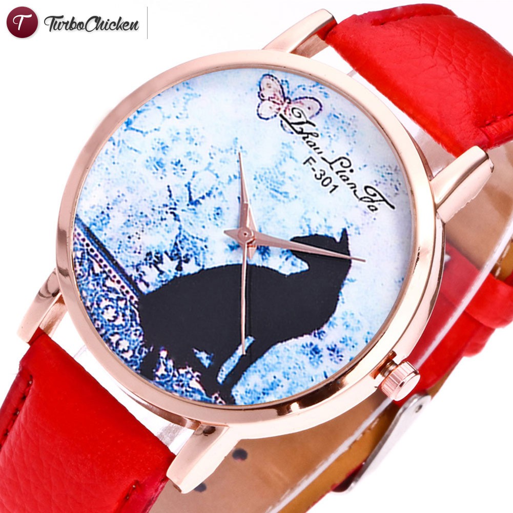 #Đồng hồ đeo tay# Couple Quartz Watches Women Casual Watches with Round Dial Faux Leather Strap Cartoon Cat Printed