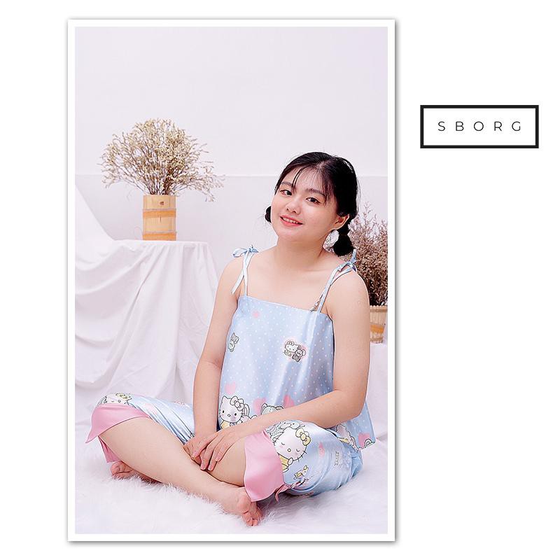 Đồ bộ lụa SBORG đồ ngủ 2 dây mặc nhà quần lửng in kitty cute có túi freesize dưới 58kg quà tặng vợ trendy