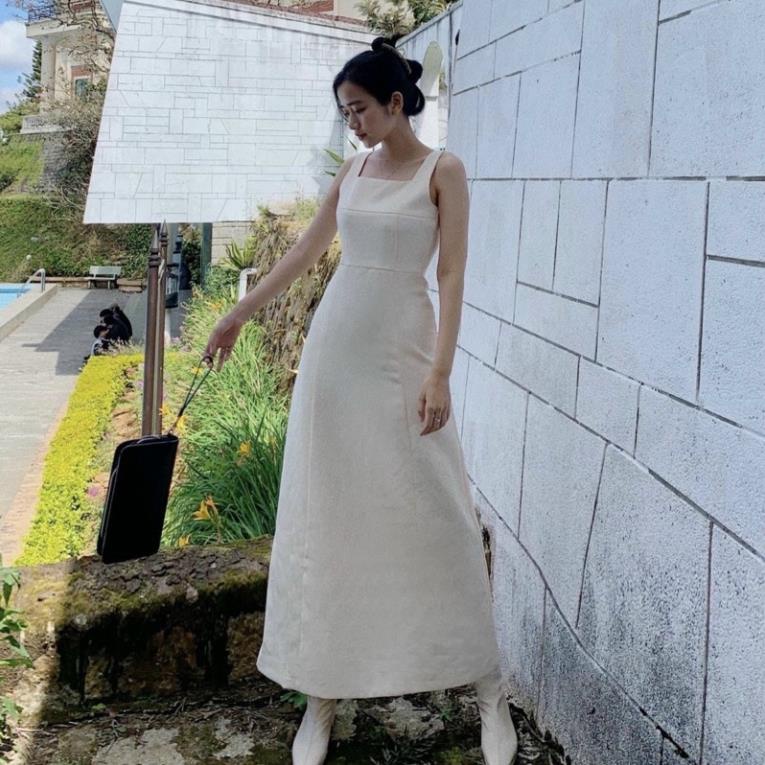X2 Đầm maxi dáng dài trắng hai dây form suông dài cổ vuông tasa