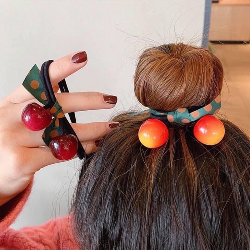 Dây buộc tóc hình quả Cherry viền chấm bi tiểu thư 🍒