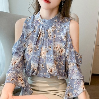 Fashion Floral Shirt Women Casual Open Shoulder Blouses Korean Print Blouse Ladies Flare Sleeve Off Shoulder Tops Female