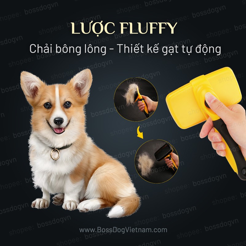 Lược chải lông chó Fluffy | Chuyên lấy lông rụng chó cưng - Nút gạt lông thuận tiện | BossDog