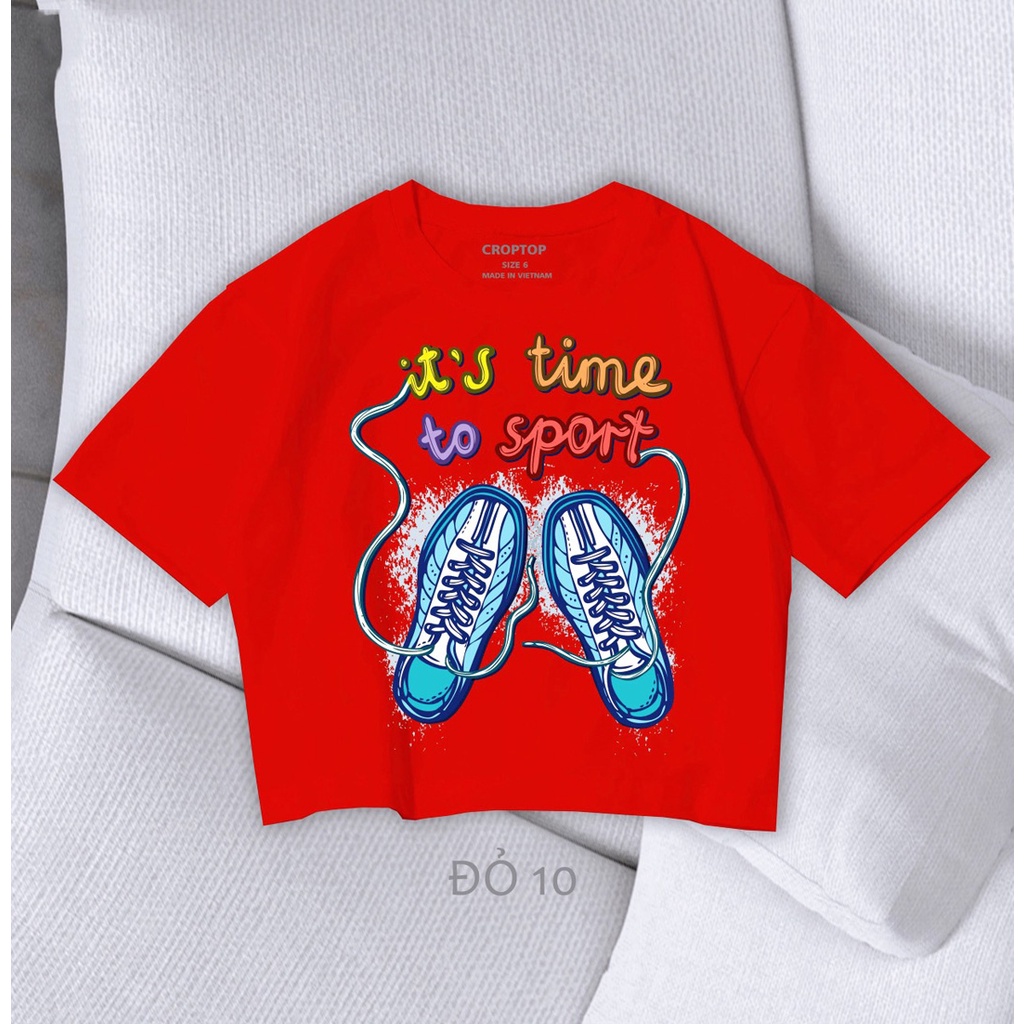 Áo thun cotton croptop bé gái in đôi giày thể thao size đại