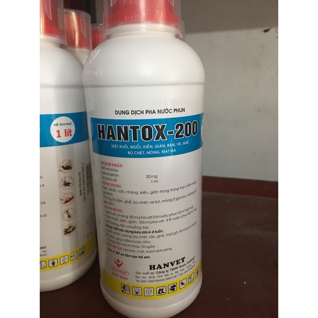 Hantox 200 diệt ruồi, kiến, gián, rận, ve, ghẻ, bọ chét, mòng, mạt gà (1 lít)