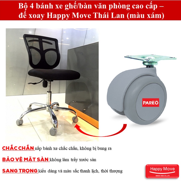 Bộ 4 bánh xe ghế xoay văn phòng cao cấp - Đế xoay 360 độ Happy Move Thái Lan (màu xám)