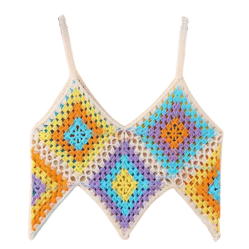 Áo Croptop Dệt Kim Không Tay Cổ Chữ V Họa Tiết Hình Thoi Nhiều Màu Phong Cách Boho Quyến Rũ Cho Nữ