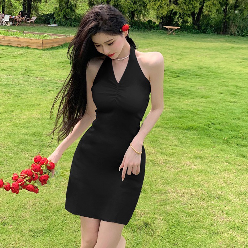 Đầm Dệt Kim Hai Dây Dáng Ôm Màu Sắc Trơn Phong Cách Hàn Quốc