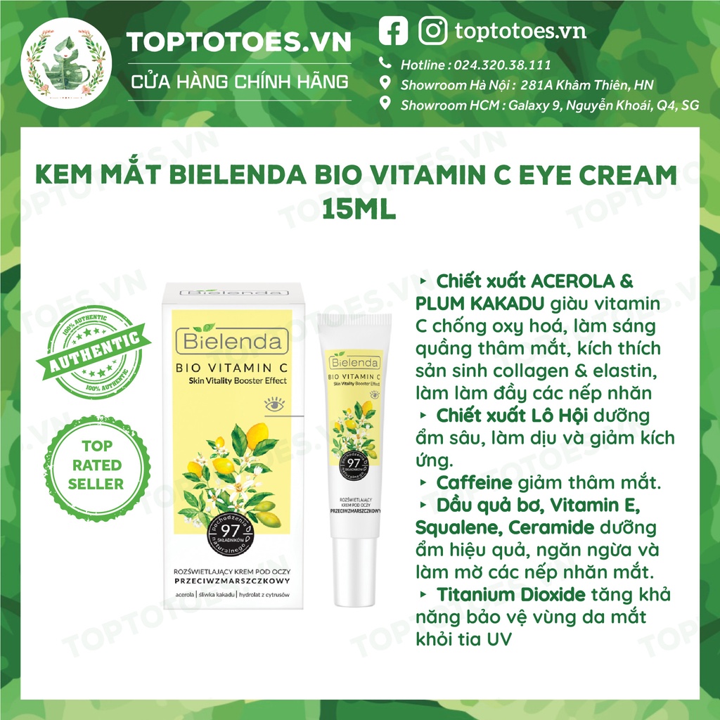 Kem mắt Bielenda Bio Vitamin C Eye Cream 15ml dưỡng ẩm, giảm nhăn, thâm mắt