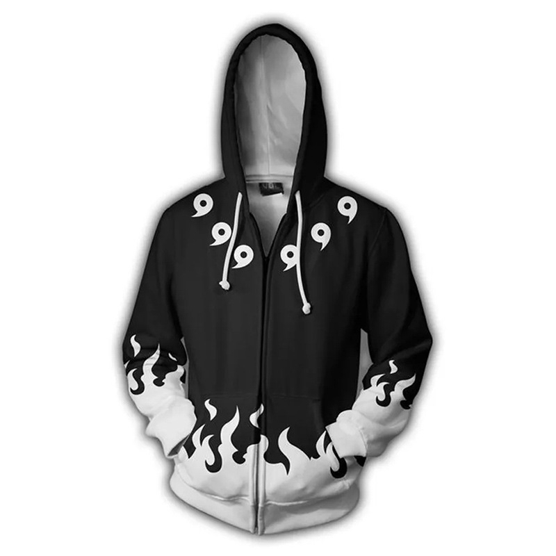 Naruto Zipper Hoodie Anime Zipper Coat 3D Hoodie Jacket Outerwear Casual Tops Black