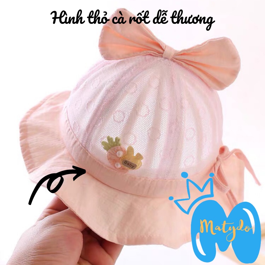 Mũ cho bé gái bé trai nón vành tròn hình nơ cotton lưới có dây rút điều chỉnh phụ kiện cho bé từ 0-2 tuổi