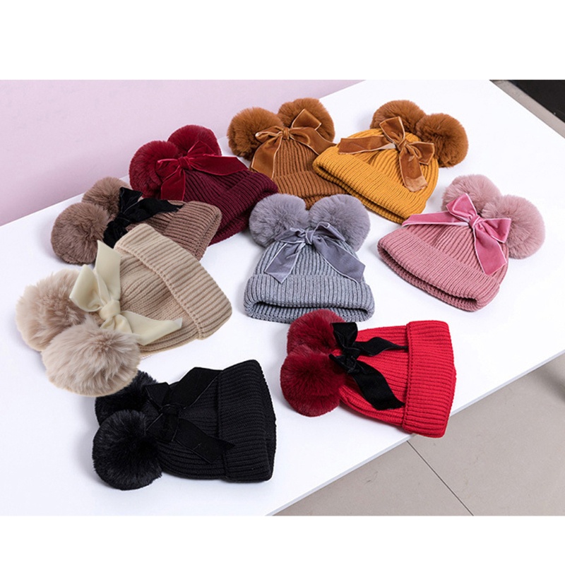 Mũ Beanie Dệt Kim Dày Hai Lớp Trang Trí Bóng Lông Cho Bé Gái Sơ Sinh