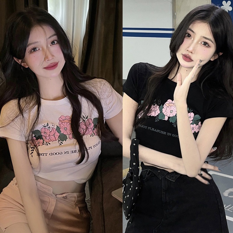 Áo Thun Croptop Ngắn Tay Cổ Tròn Form Ôm In Họa Tiết Hoa Phong Cách Hàn Quốc Thời Trang Cho Nữ