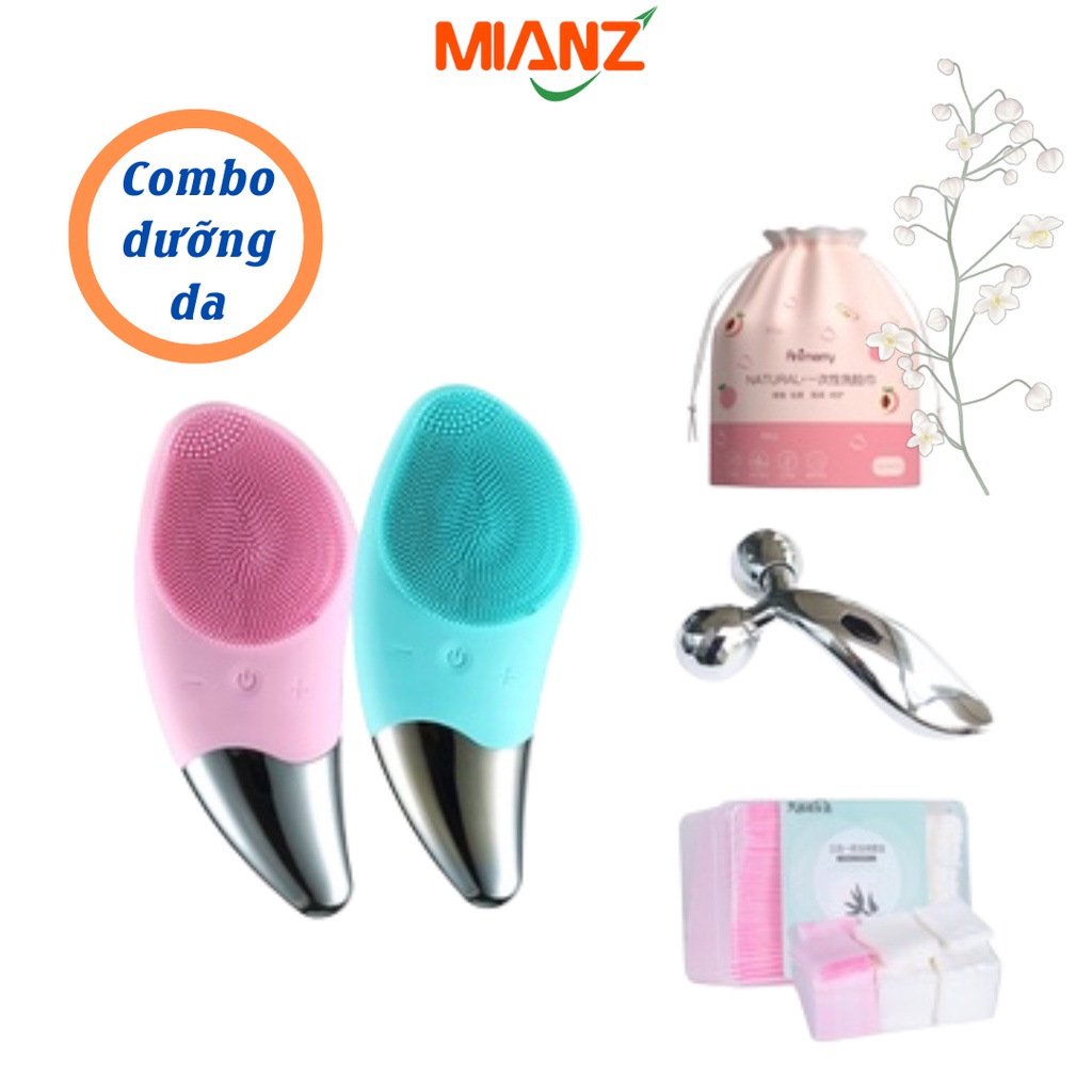 Combo máy rửa mặt nâng cơ Sonic kèm bông tẩy trang cao cấp và thanh lăn matxa mặt 3D - Dụng cụ mát xa mặt làm sạch MIANZ