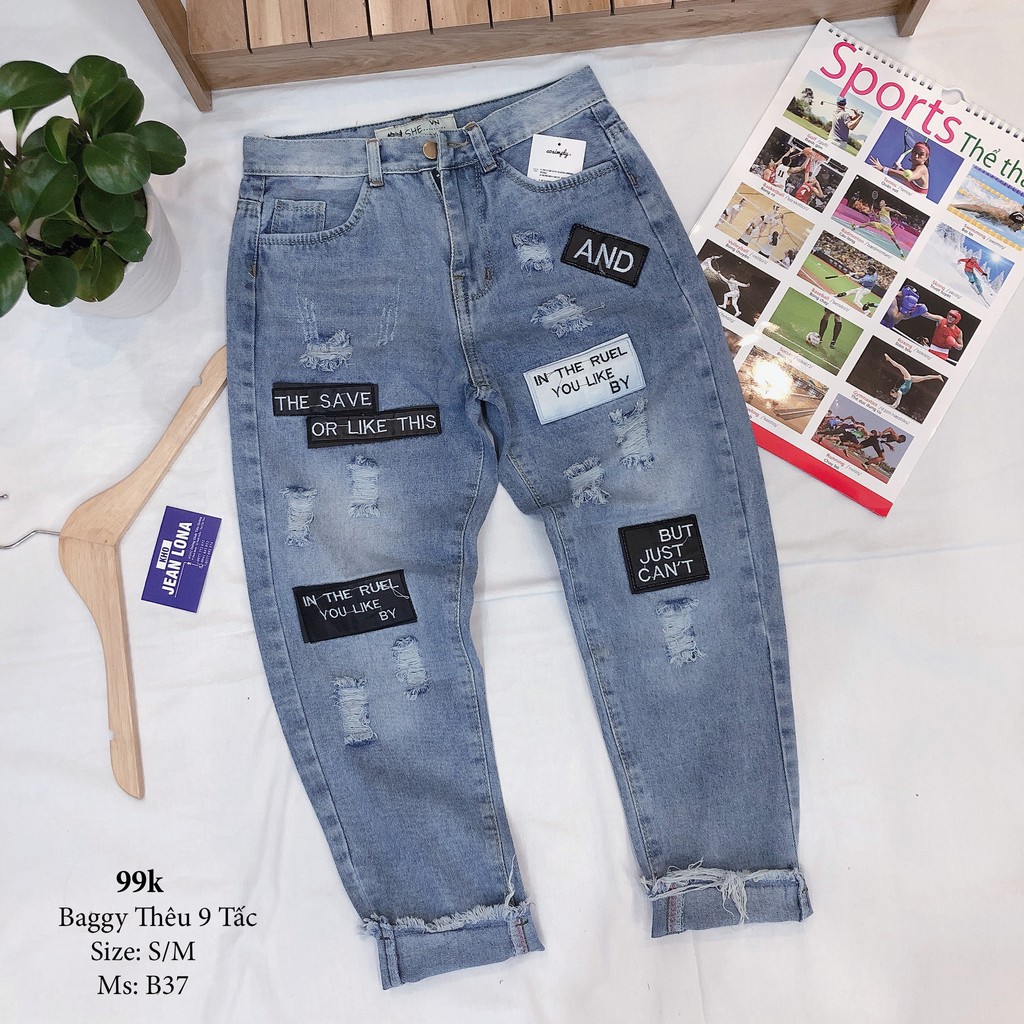 ⚡Hình Thật⚡QUẦN BAGGY JEANS THÊU 9tấc, RÁCH
