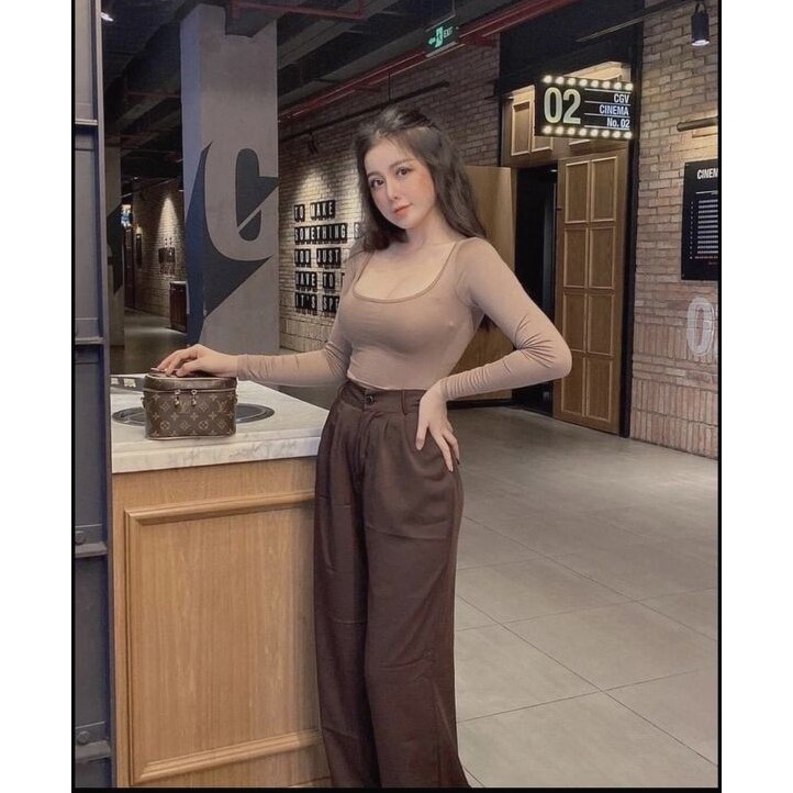 Áo Croptop Tay Dài Cổ Vuông Màu Trơn Co Giãn Phong Cách Hàn Quốc | BigBuy360 - bigbuy360.vn