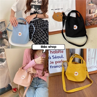 Túi đeo chéo hoa cúc Béo shop túi đeo vai vải dù thêu họa tiết 1 màu xinh xắn