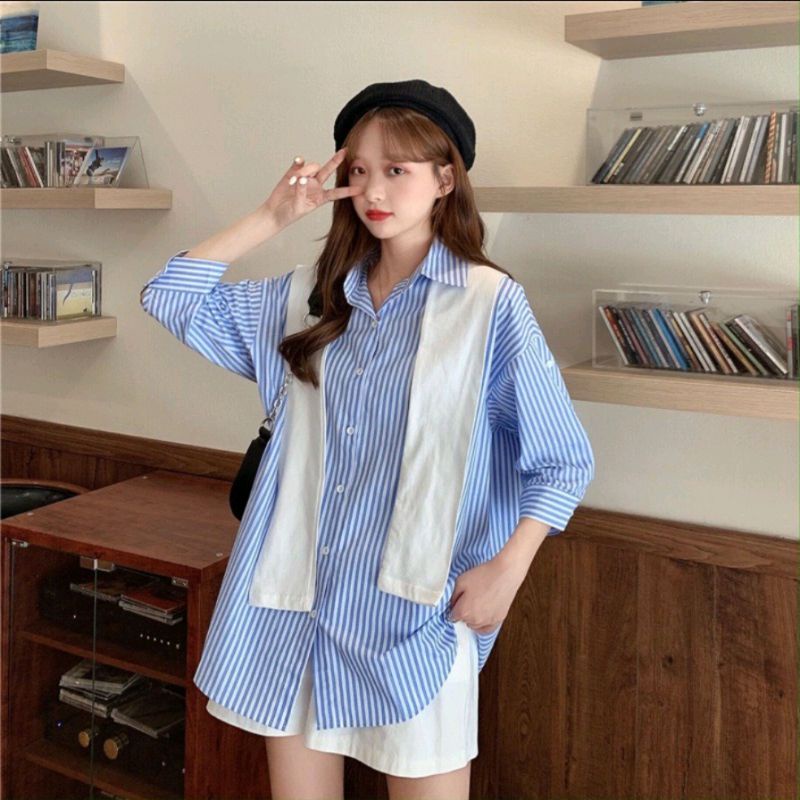 Áo sơ mi kẻ sọc kèm khăn quàng phong cách hàn quốc dáng tay lỡ