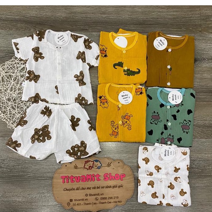 Bộ cộc minky mom cúc giữa vải xô muslin, bộ cộc xô muslin cho bé gái, bé trai