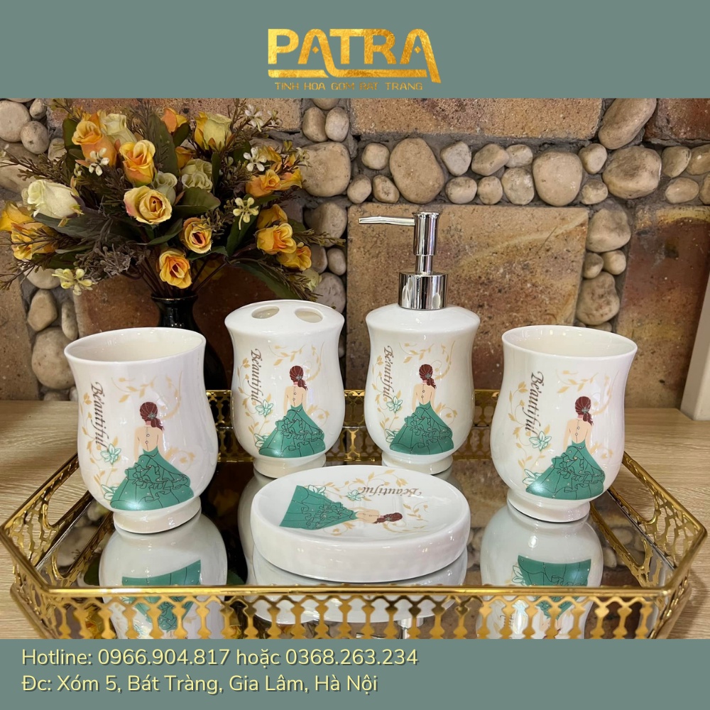 Set nhà tắm 5 món gốm sứ Bát Tràng - Bộ sứ vệ sinh, chai đựng sữa tắm dầu gội cao cấp