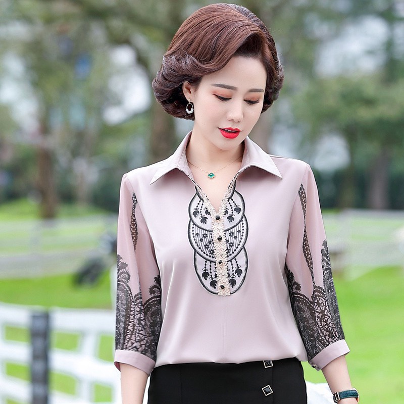 Áo trung niên đẹp, áo trung niên tay hoạ tiết thổ cẩm, kiểu dáng sang trọng