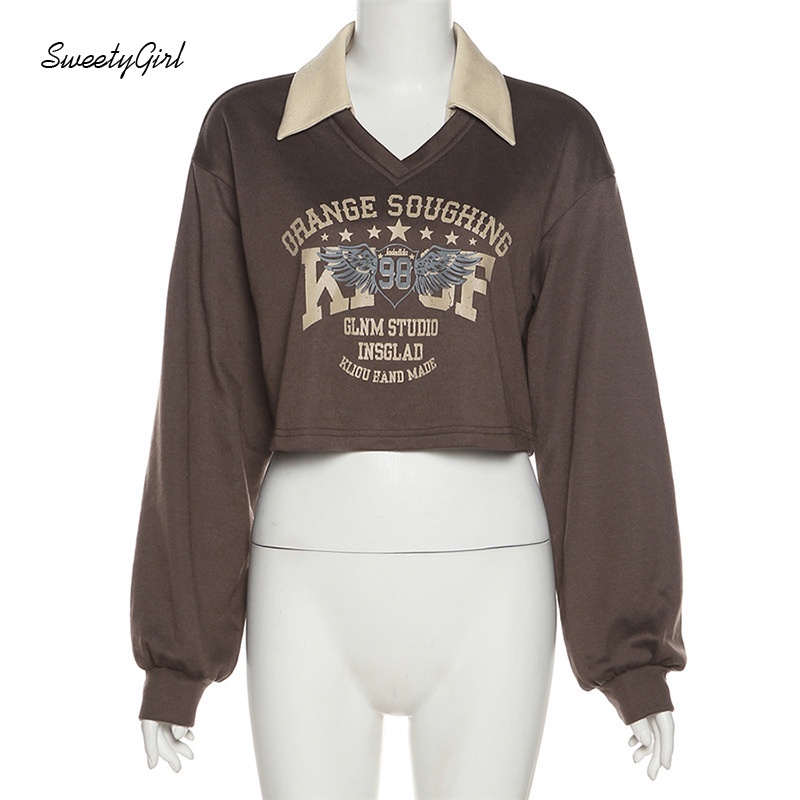 Áo Thun Tay Dài Cổ Chữ V Dáng Rộng In Chữ Phối Màu Tương Phản Thời Trang 2022 Cho Nữ