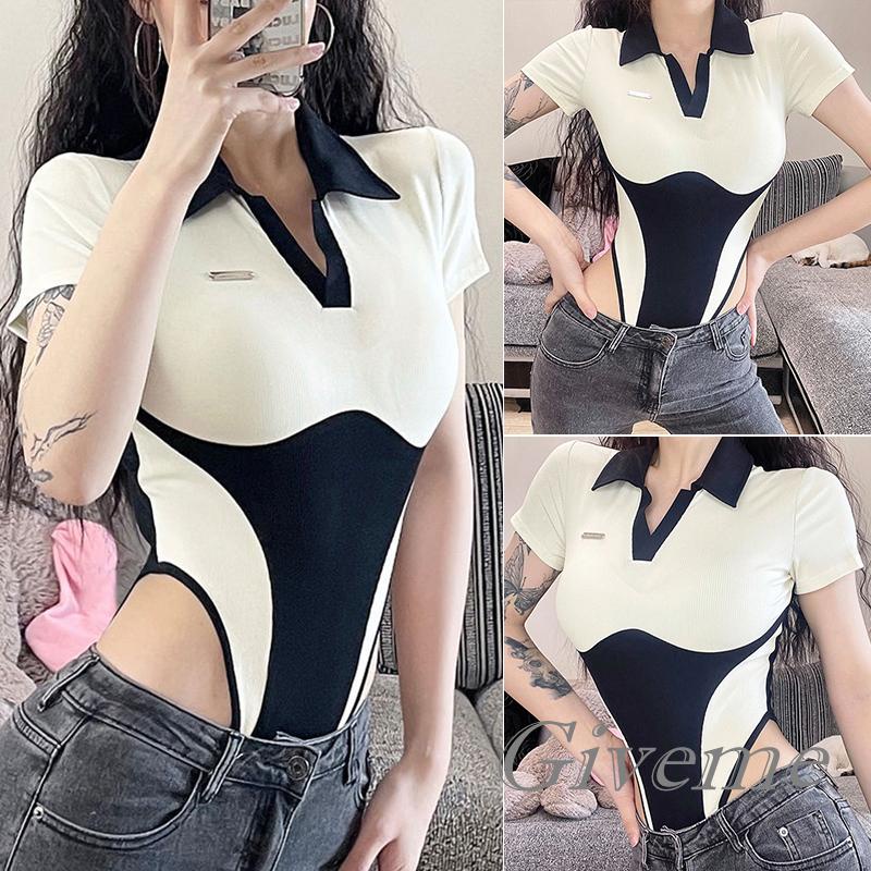 Bộ Áo Liền Quần Một Mảnh Co Giãn Tay Ngắn Cổ Bẻ Màu Sắc Tương Phản Thời Trang Cho Nữ