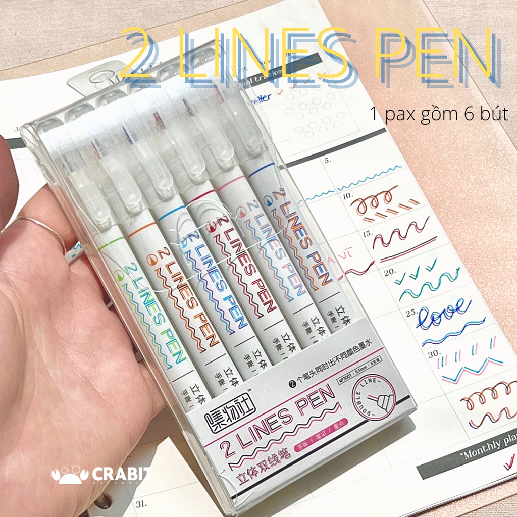 Bút gel màu 0.5mm 2 ngòi nhiều màu 2 line mực gel Crabit Set 6 bút
