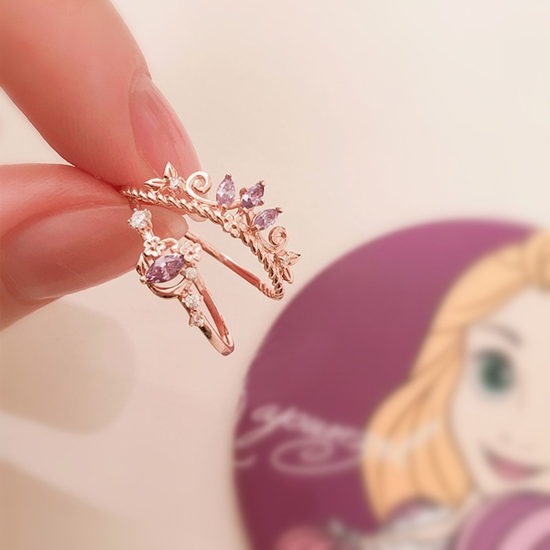 S925 Silver Disney Princess Mạ điện Nhẫn vàng mặt trăng 10K (Có thể điều chỉnh kích thước) Đóng hộp miễn phí