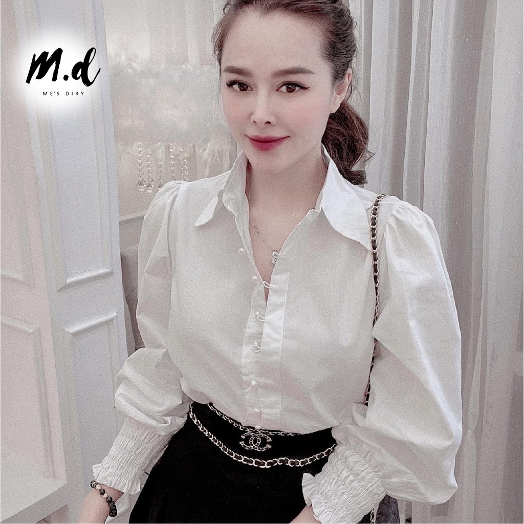 Sơ mi nữ dài tay công sở màu trắng chất vải đũi cổ áo kiểu Đức cao cấp MDshop Official Store
