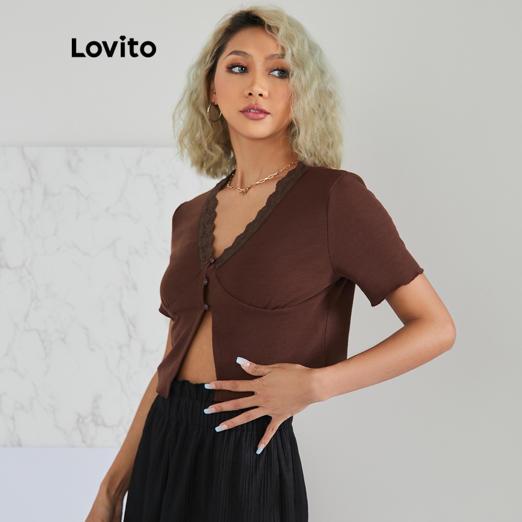 Lovito Nút CắT Trơn Đơn GiảN ĐốI LậP Áo Phông Có Cổ Chữ V L22AD020 (Màu Nâu)