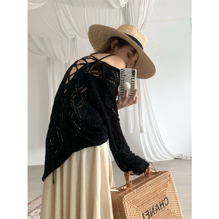 Porozi Áo kiểu  dệt kim mỏng tay dài cổ chữ V phong cách Hàn Quốc thời trang cho nữ